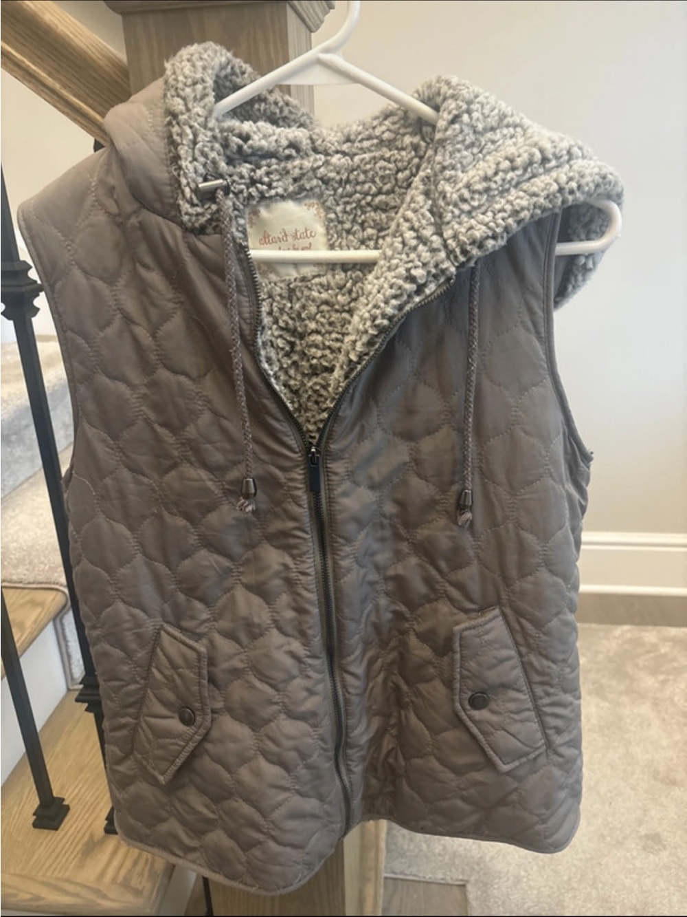 Altar'd State Quilted Hooded Vest in Gray with Sherpa Hood
